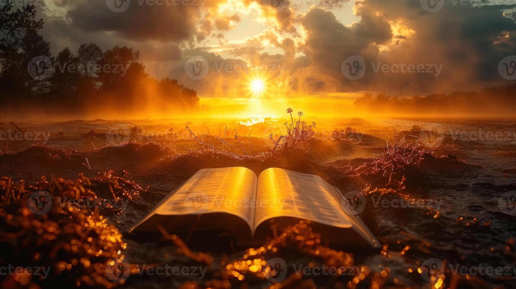 An open book glows in the sunlight, set against a gorgeous landscape at sunrise. photo