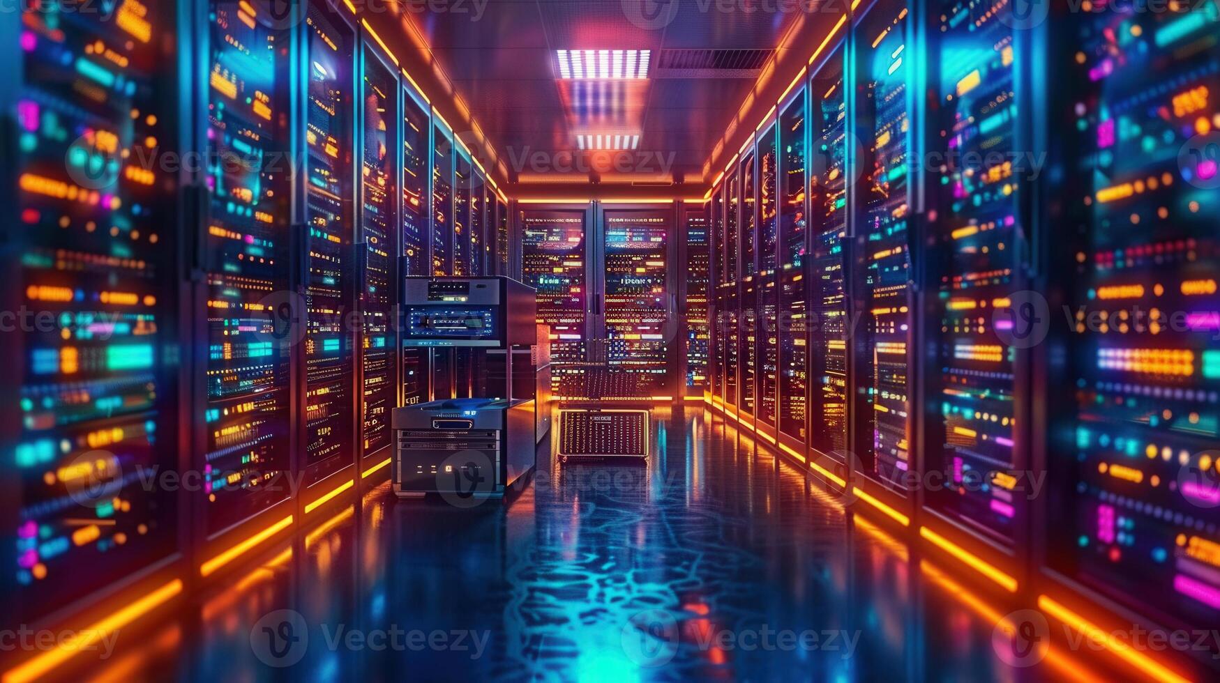 Stunning perspective of a modern data center, illuminated with vibrant neon lighting. photo