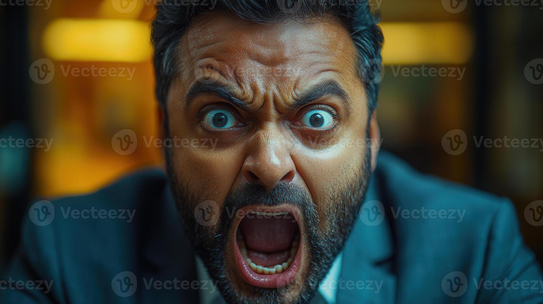 A close-up shot of an angry man yelling with a furrowed brow and wide eyes. photo