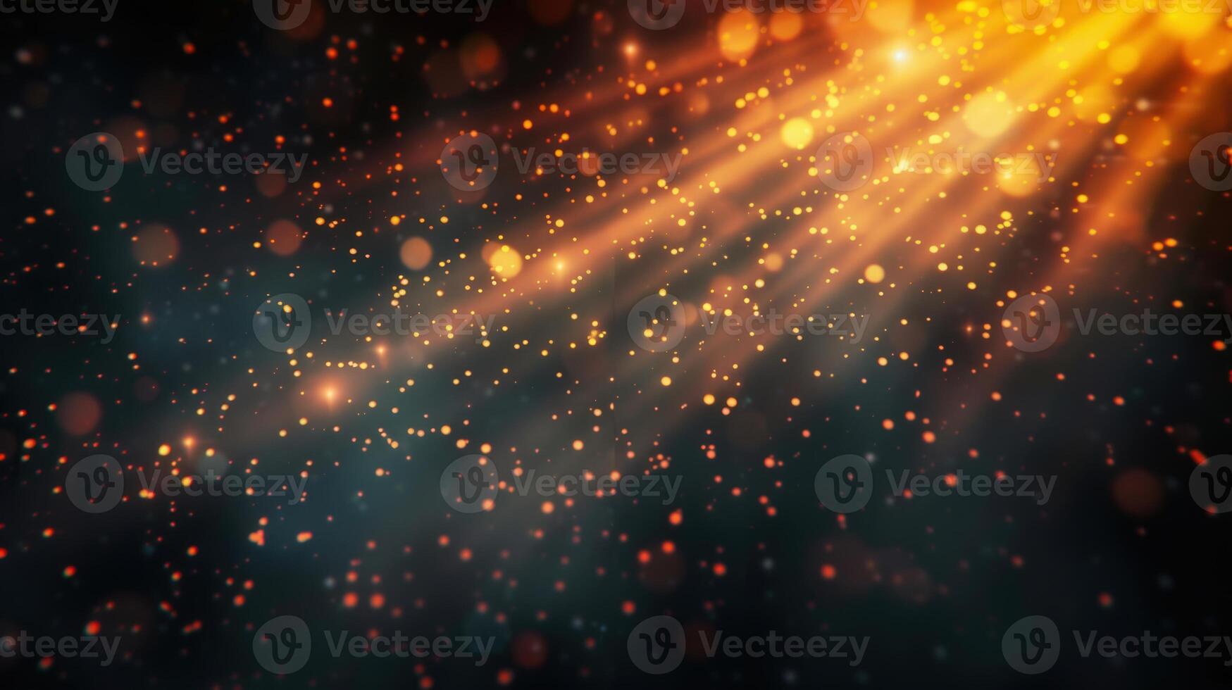 An elegant abstract design of golden light rays and shimmering bokeh particles on a dark backdrop. photo