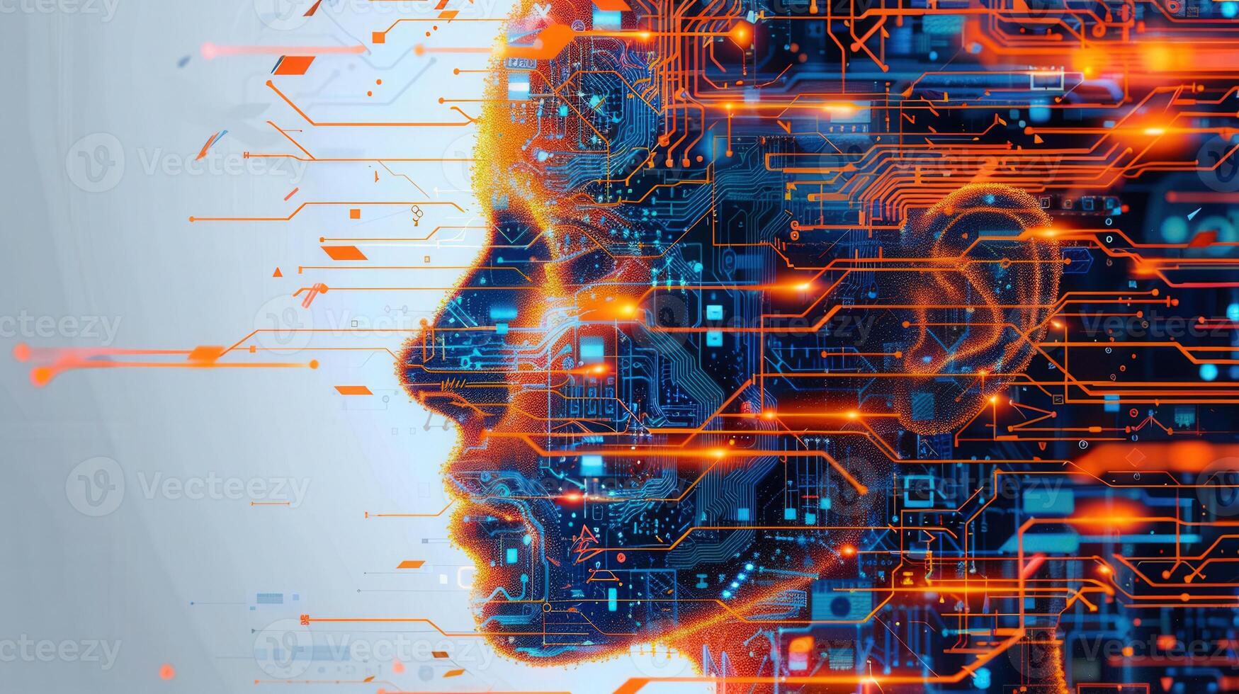 A detailed profile of a human face constructed from intricate digital circuit pathways. photo
