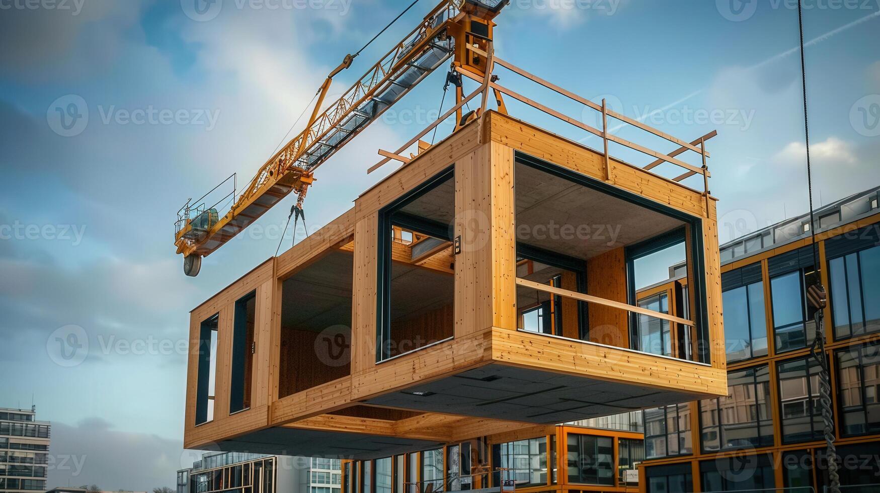 A yellow crane elevates a pre-fabricated wooden building module during construction work. photo
