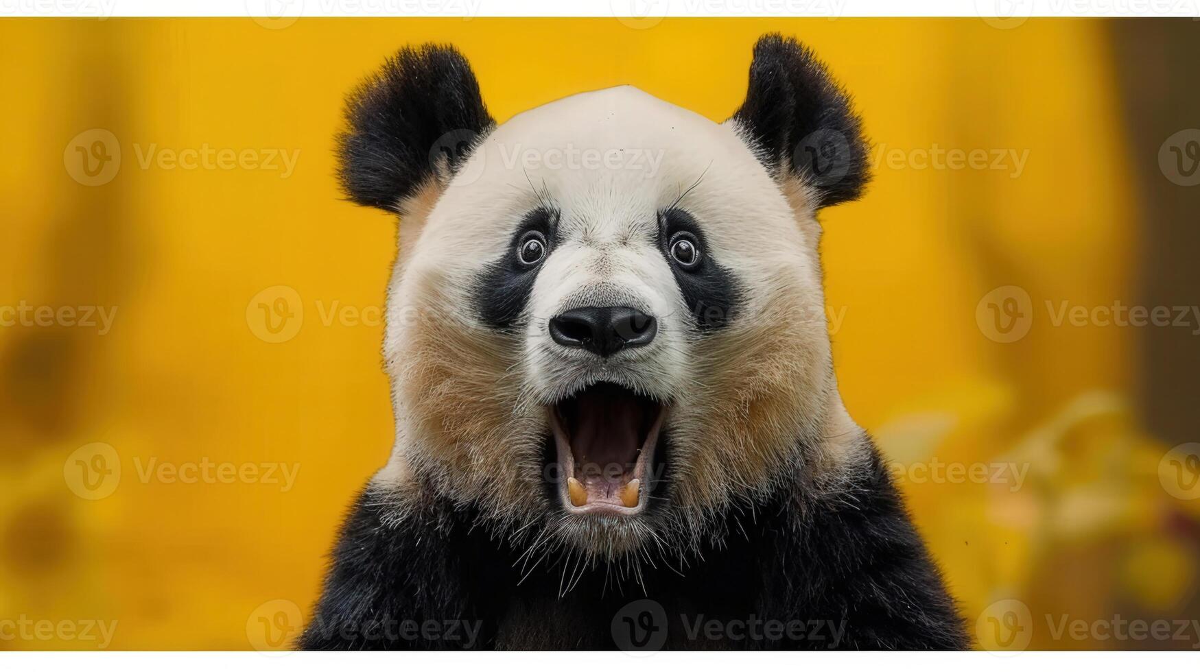 An adorable panda is expressing shock, captured with its mouth wide open in a vibrant setting. photo