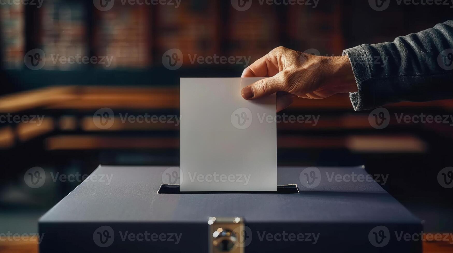 Hand placing a ballot into a voting box, conveying the concept of elections and choices. photo