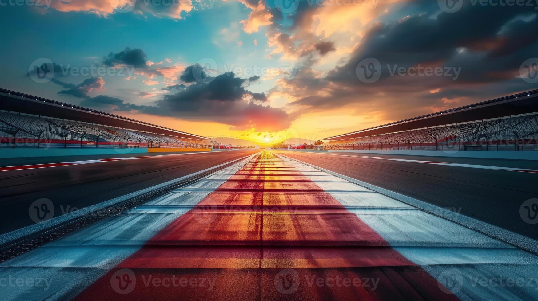 Dramatic view of a race track at sunset with vibrant colors and stadium in view. photo