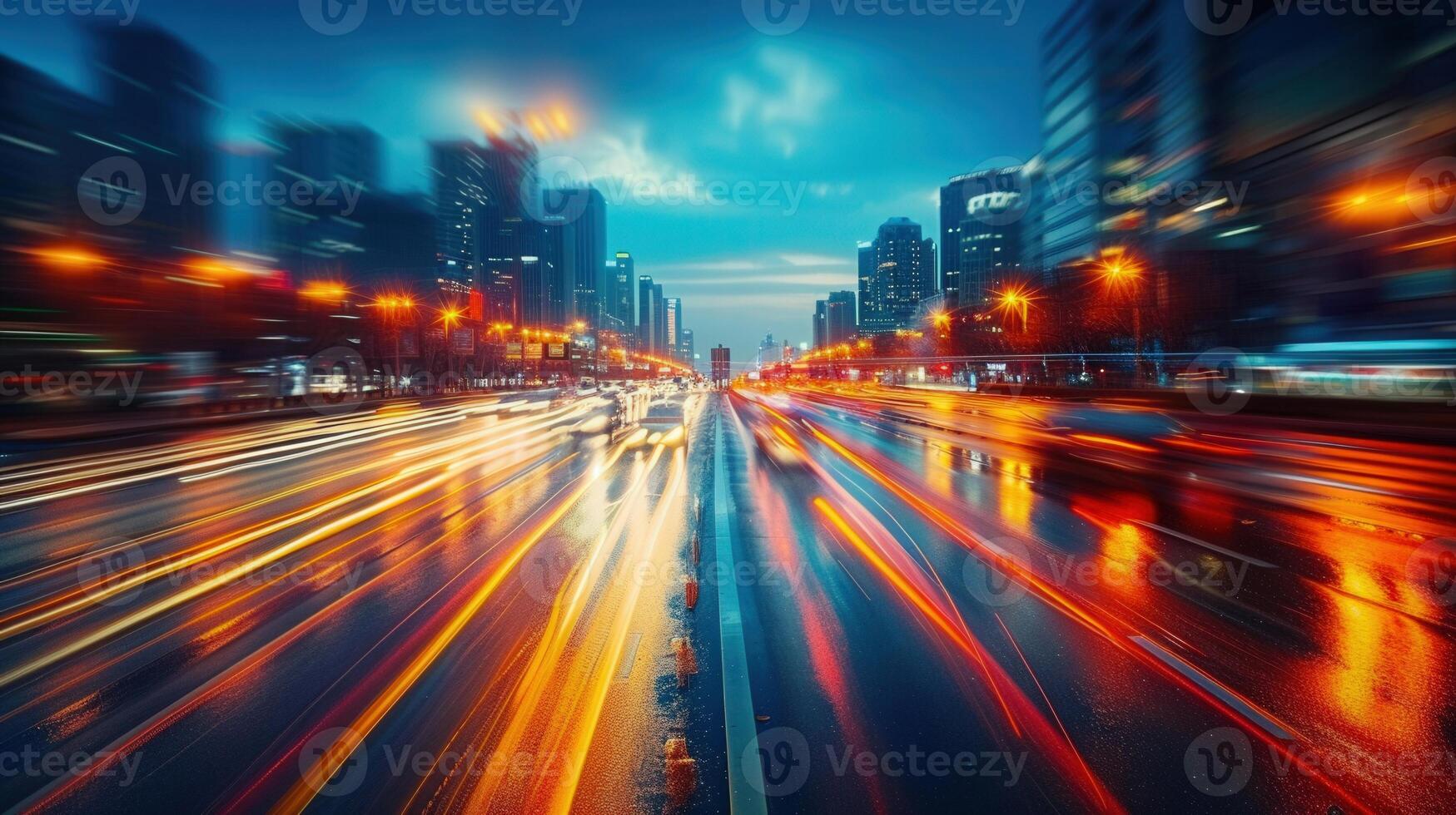 Nighttime city scene with glowing light trails from vehicles on a wet road surface. photo