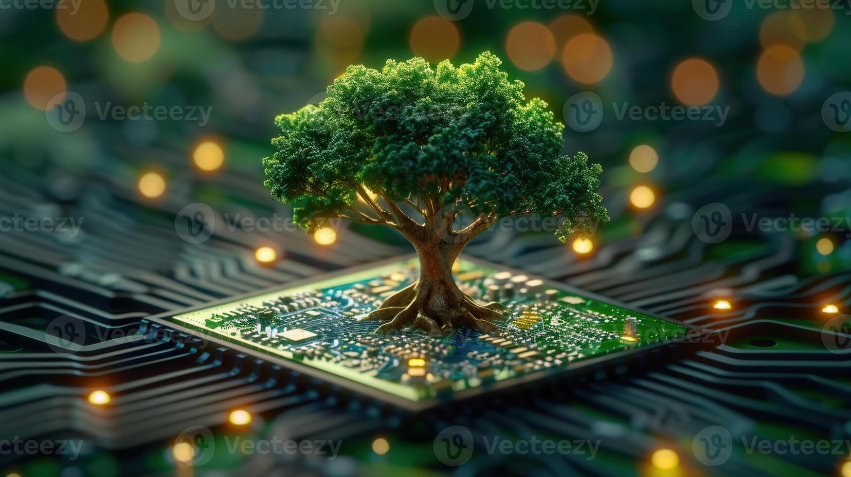 A striking image depicting a tree emerging from a computer circuit board in soft focus. photo
