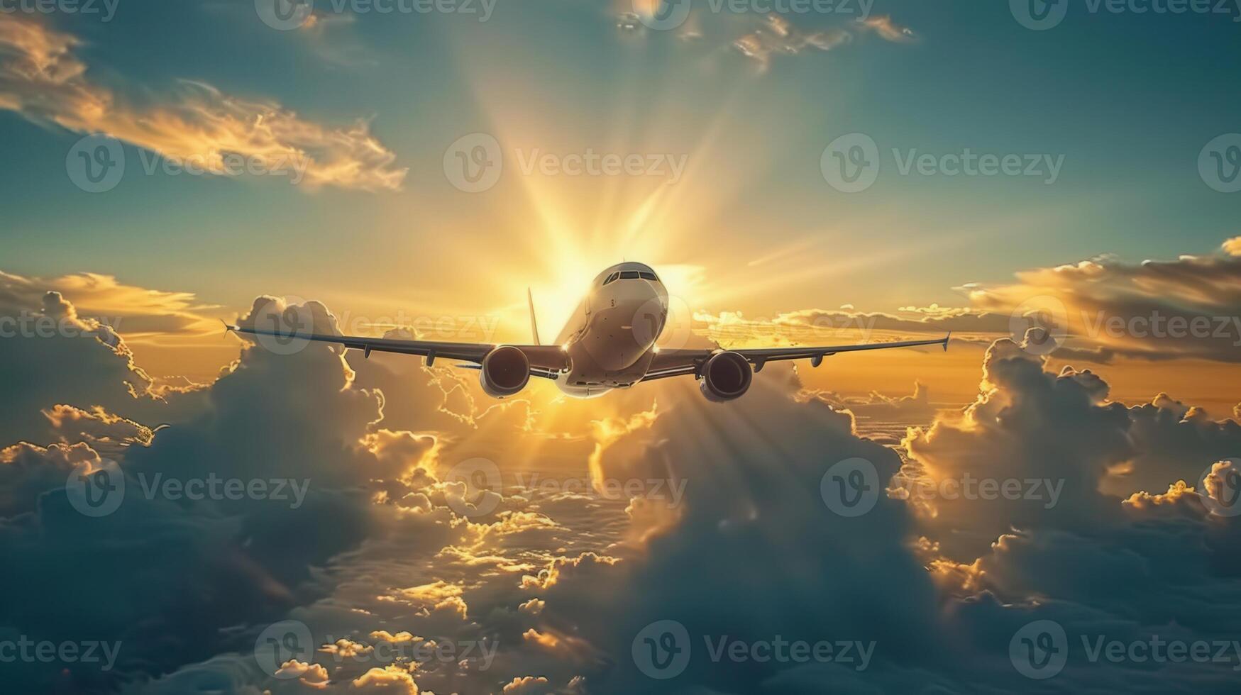 An airplane flies high above the clouds with the sun shining through the beautiful sky. photo