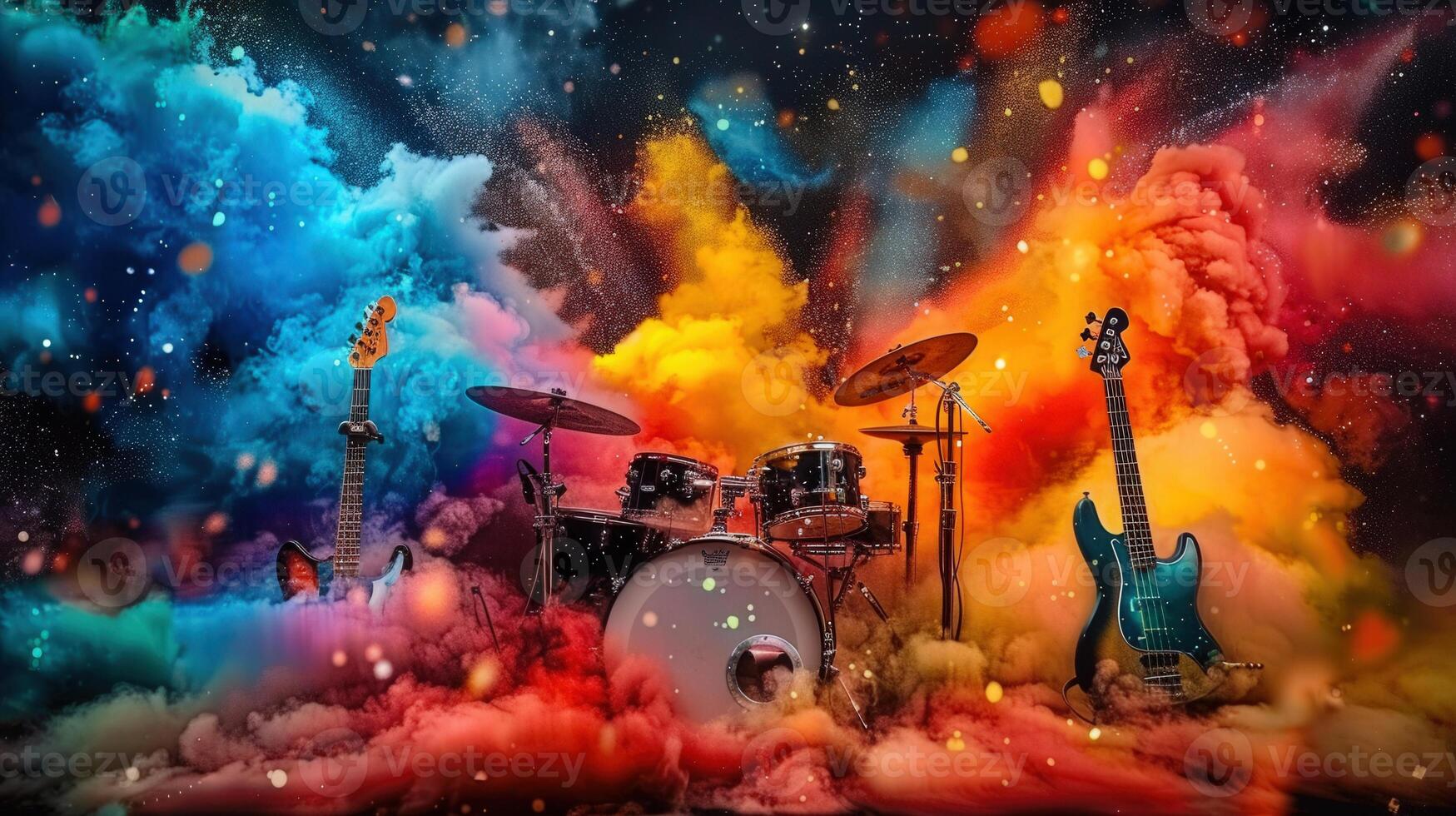 A colorful explosion of musical instruments, drums, and guitars in an artistic visual spectacle. photo