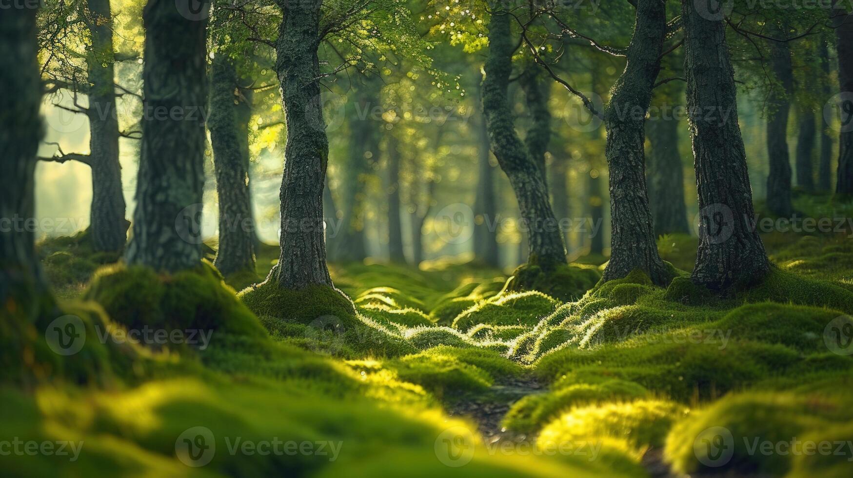 Vibrant sunlight illuminates a dense, green forest with a path winding through the moss. photo