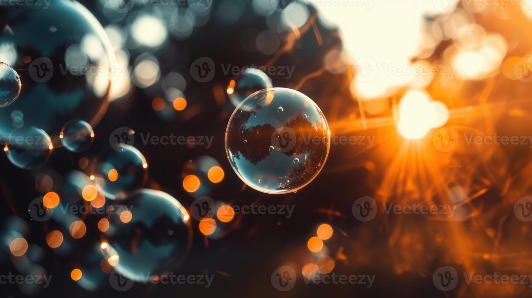Sunlit soap bubbles float against a background of glowing bokeh in this dreamlike image. photo