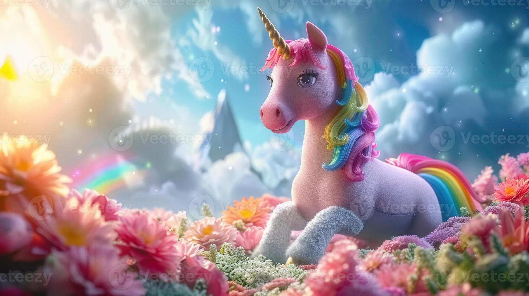 A beautiful unicorn rests in a field of flowers under a rainbow and a bright, colorful sky. photo