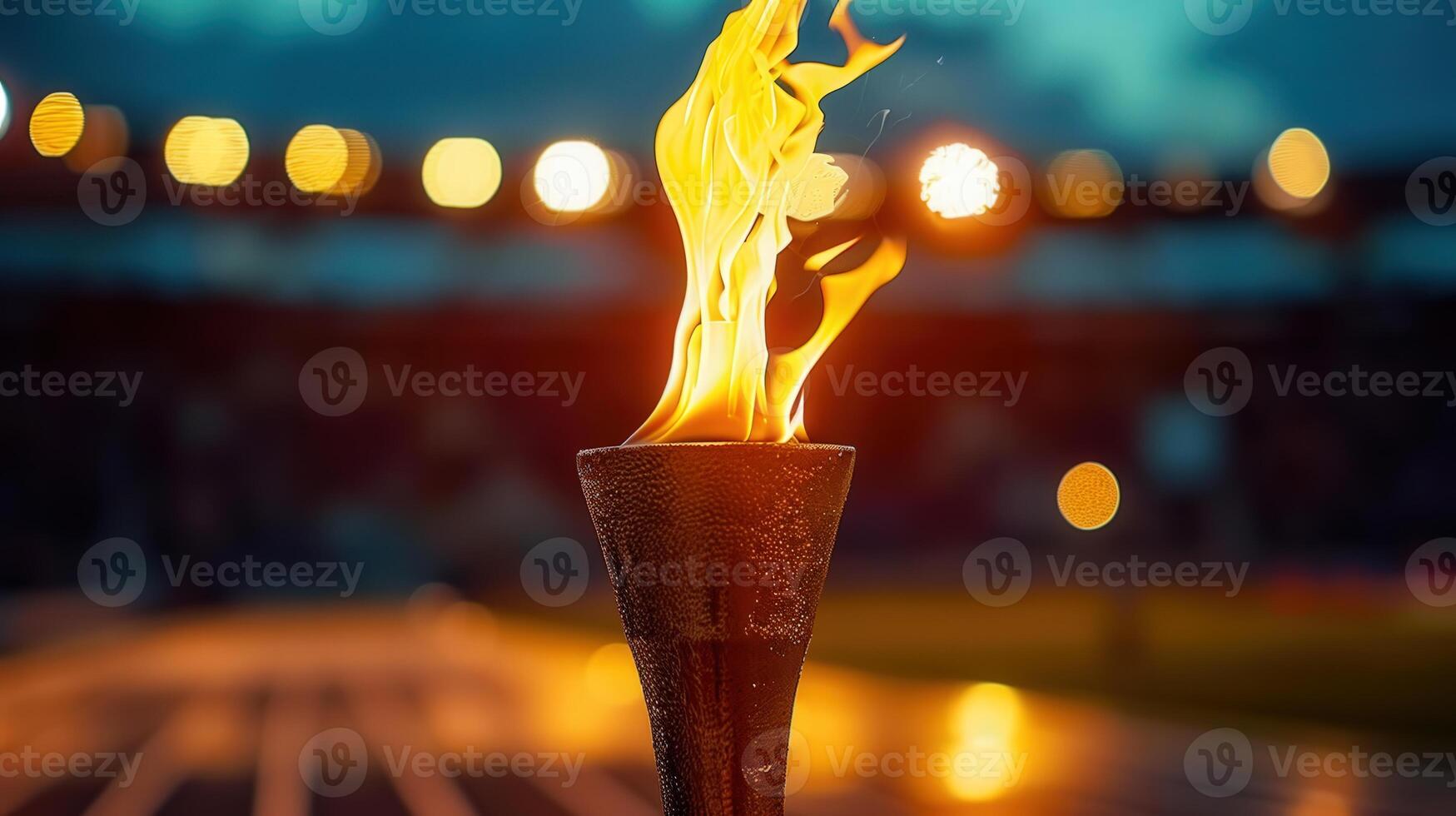 A vibrant torch with flames burning against the backdrop of an evening stadium. photo