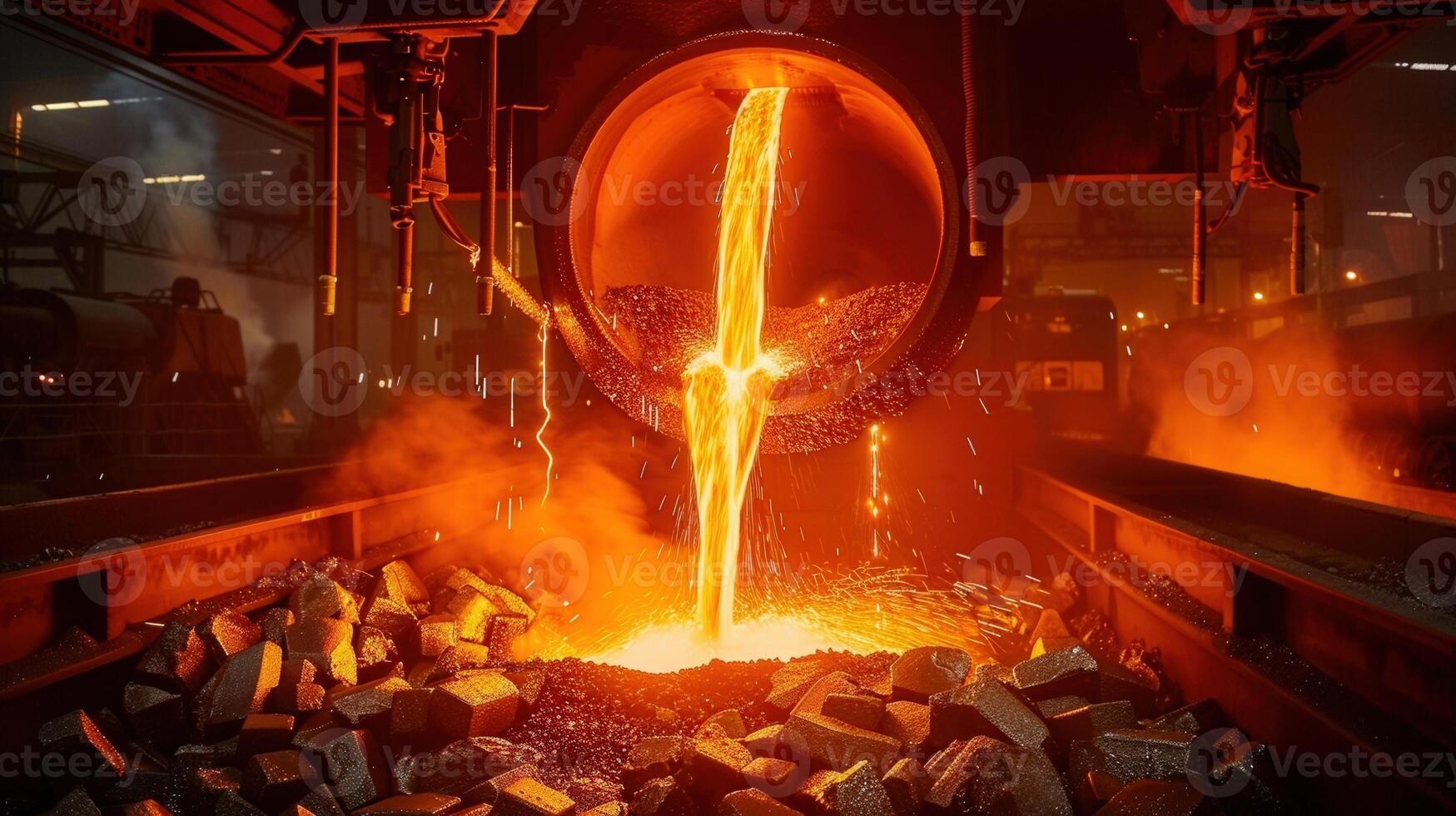 A dramatic scene of molten metal pouring from a furnace in a metal manufacturing plant. photo