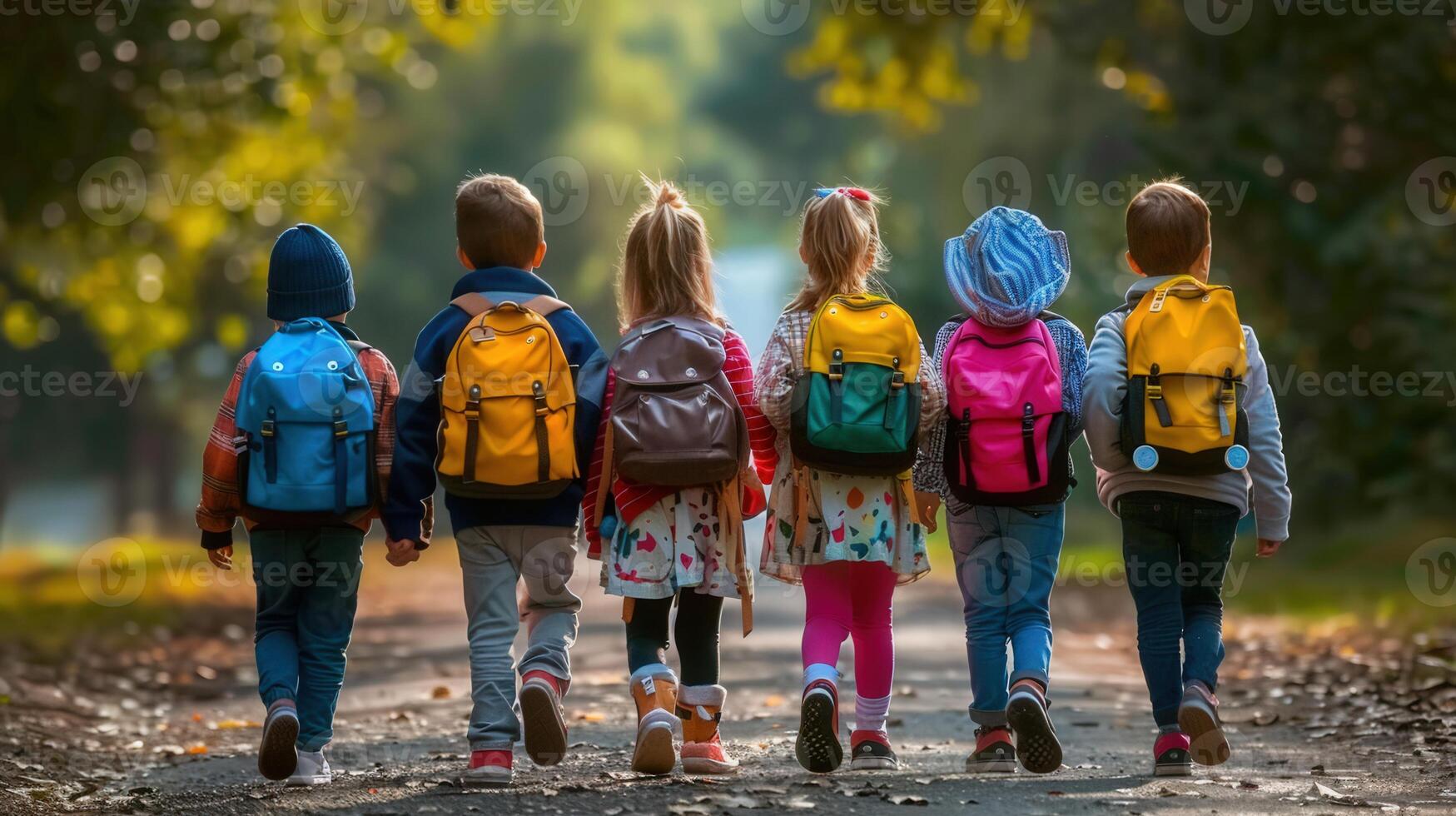 A group of kids walk away together on a path wearing colorful backpacks and looking ahead. photo