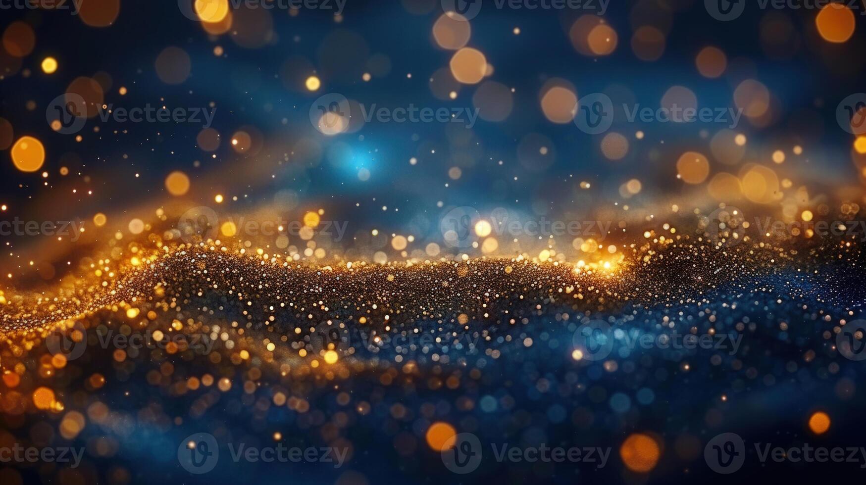 Beautiful and enchanting golden bokeh lights shimmering on a captivating blue background. photo