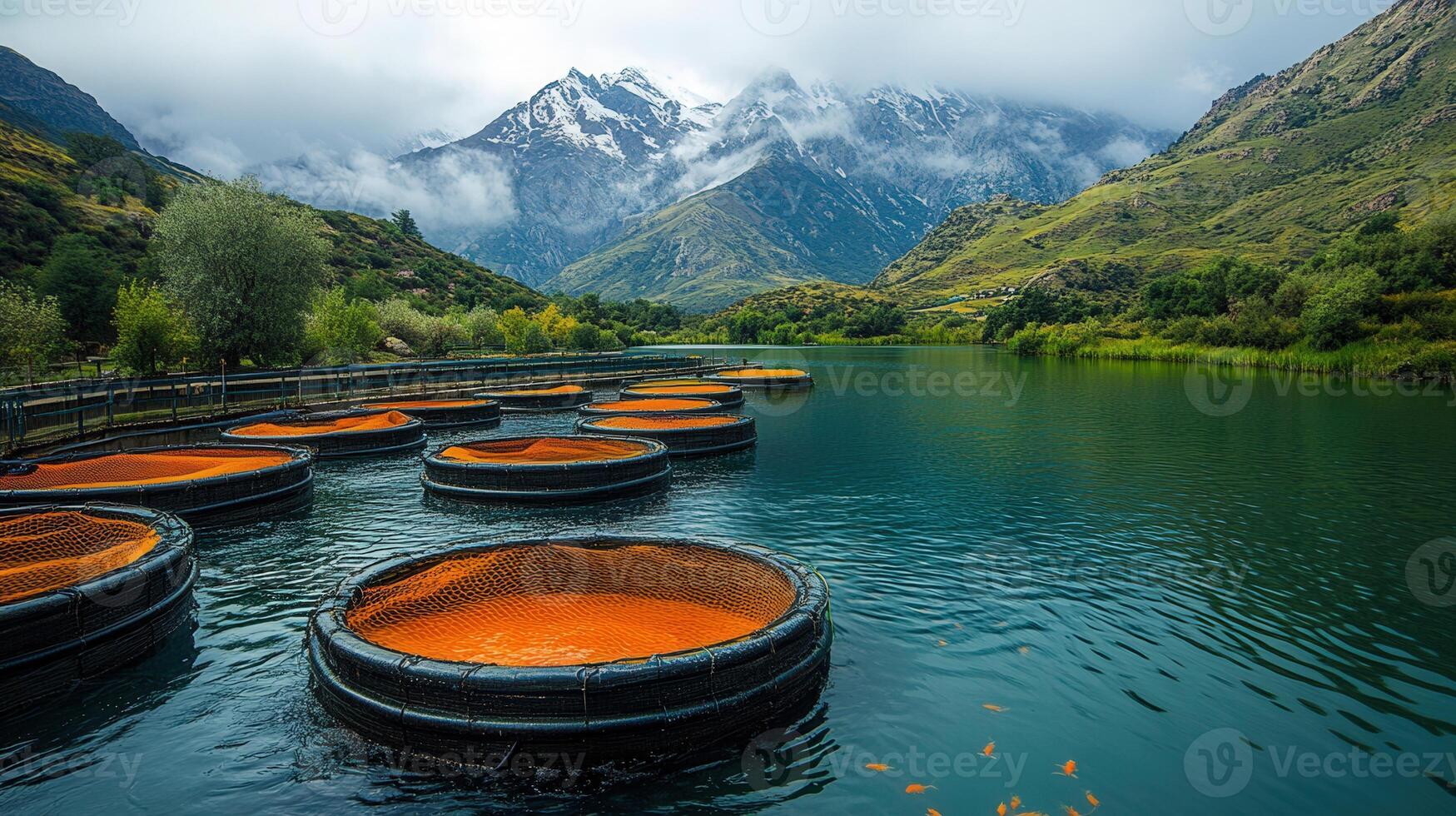 Stunning view of fish farms floating on a beautiful lake with mountains in the background. photo