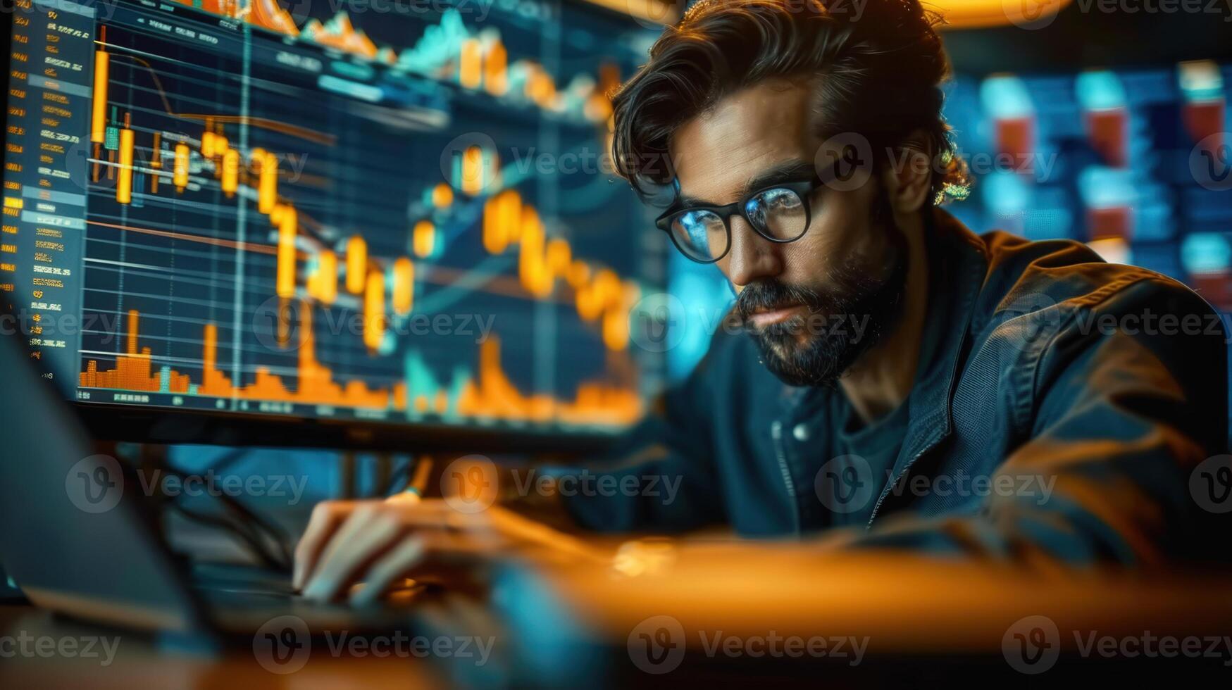 A serious trader studies financial charts and graphs displayed on multiple computer screens. photo