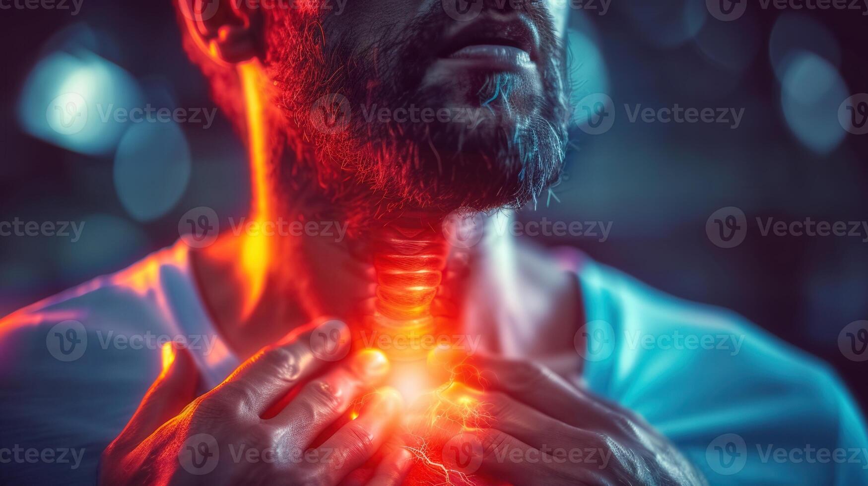 Conceptual medical image showing a person experiencing throat pain with a visual representation. photo