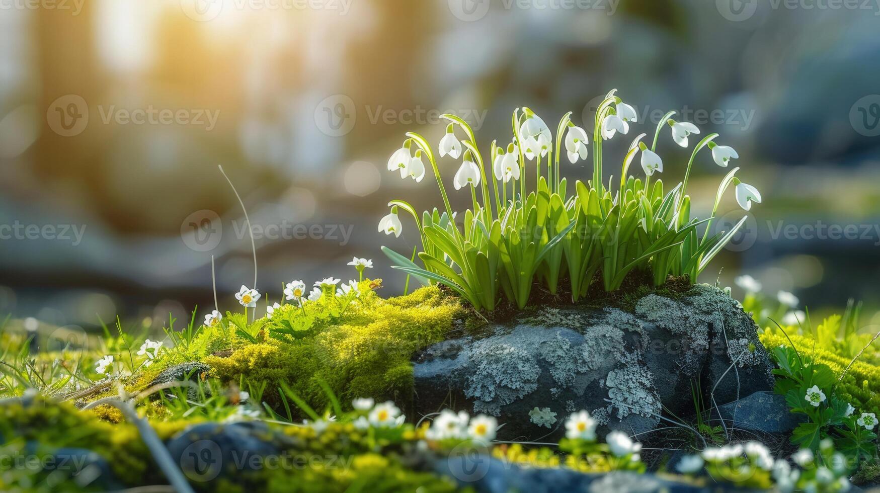Snowdrop flowers, blooming in a mossy rock, herald the arrival of spring's gentle beauty. photo