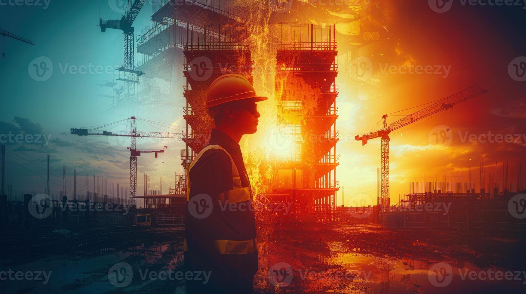 A silhouette of a construction worker stands at a construction site at sunset with a building. photo