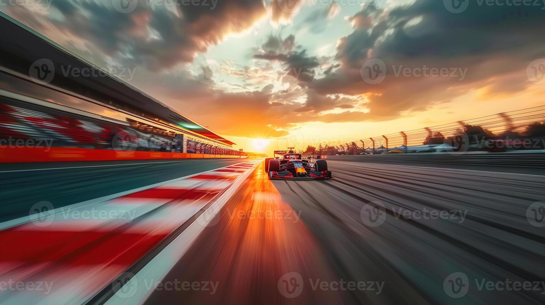 A formula 1 car races on a track at sunset, blurring in dynamic motion, showcasing speed. photo