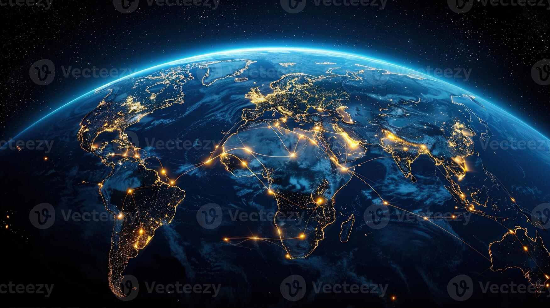 Stunning view of Earth at night, with city lights shining and global network connections. photo