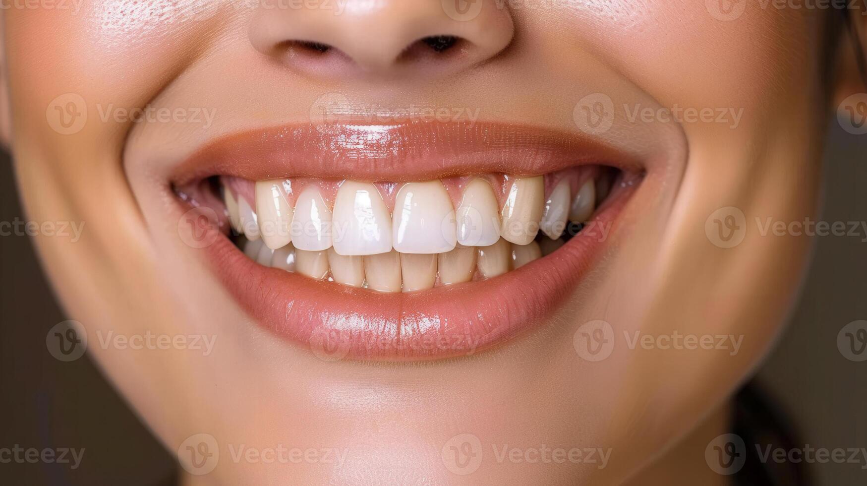 A beautiful smile with perfect white teeth and shiny, healthy lips in close-up. photo