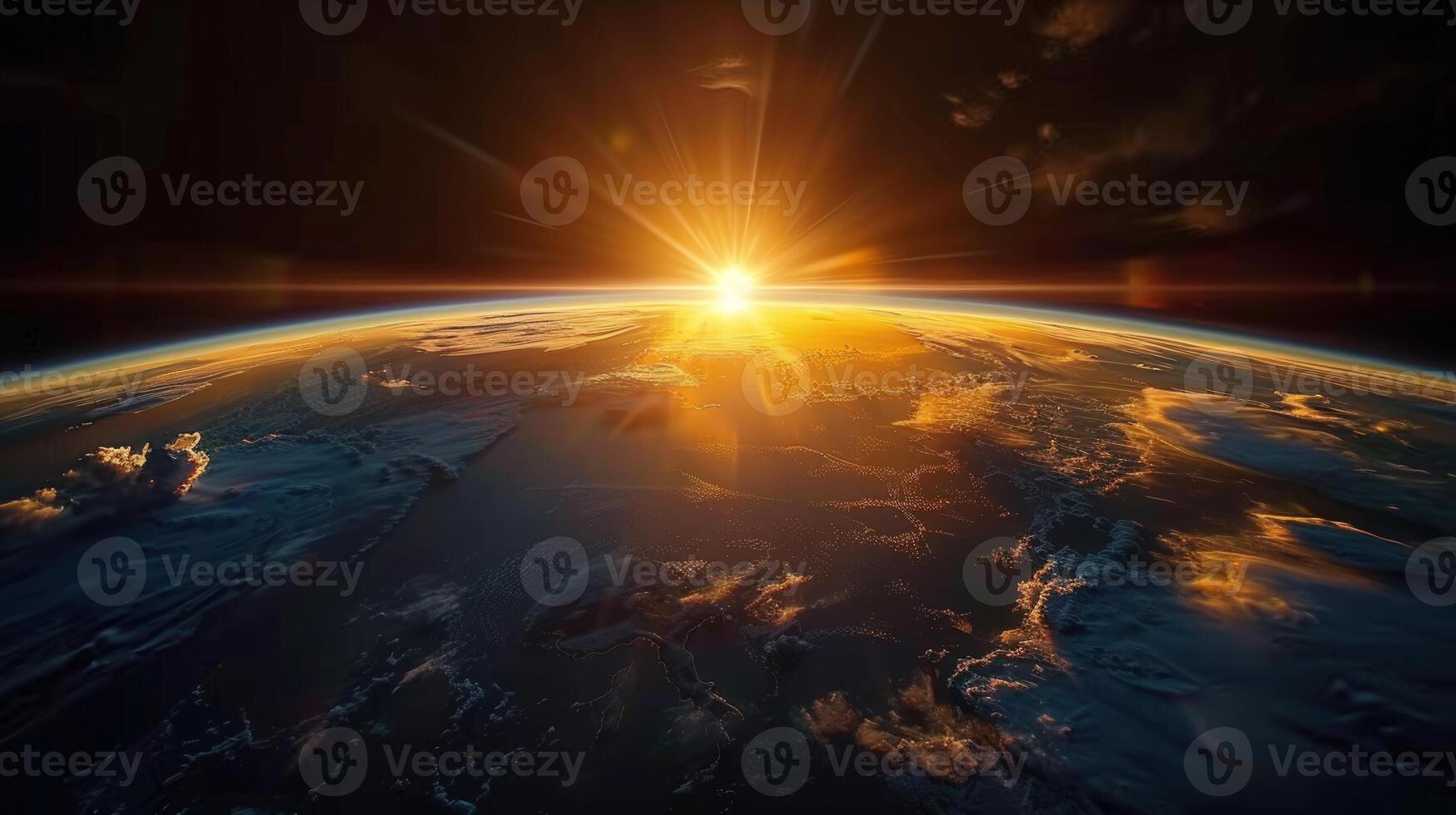 Spectacular view of a sunrise over earth, seen from outer space with bright light. photo