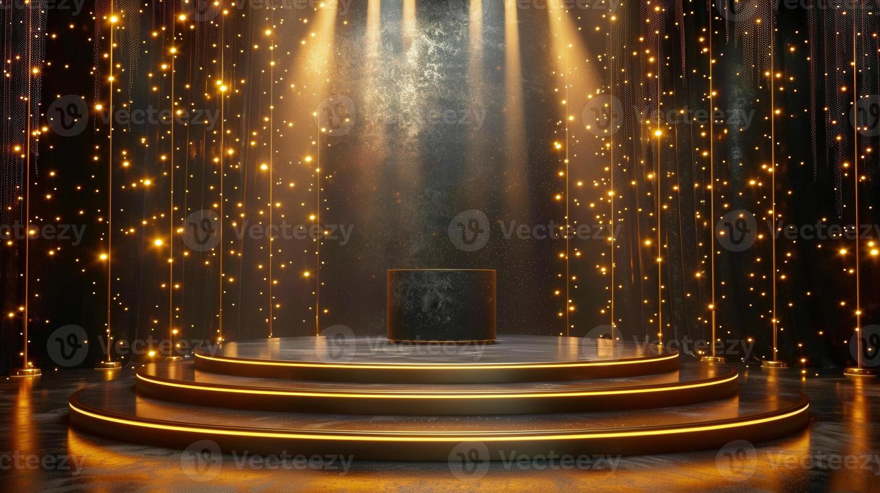 A stunning golden-lit stage is ready for a presentation or awards with a captivating atmosphere. photo