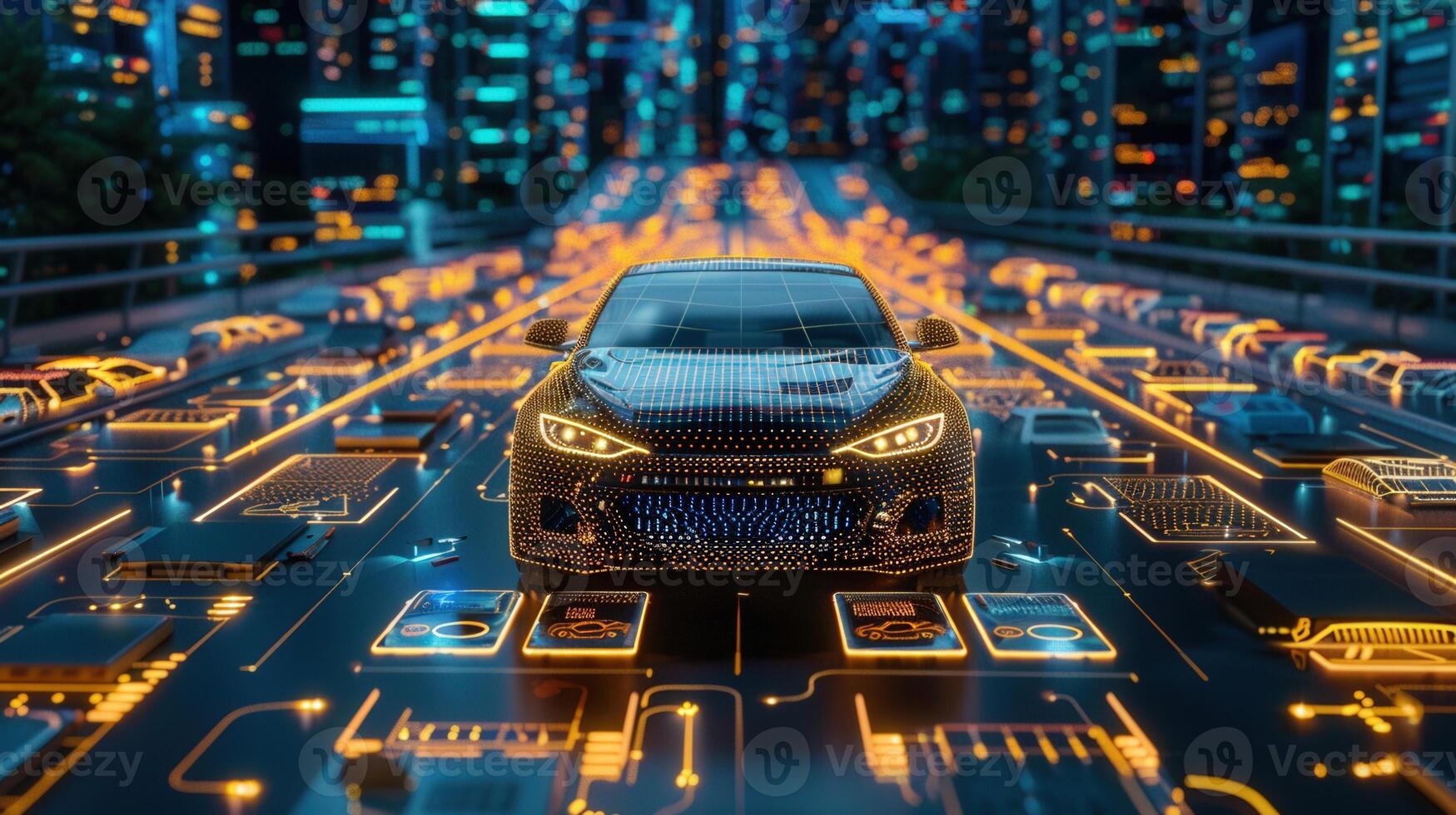A sleek, self-driving car seamlessly navigates a digital road, representing the future of transport. photo