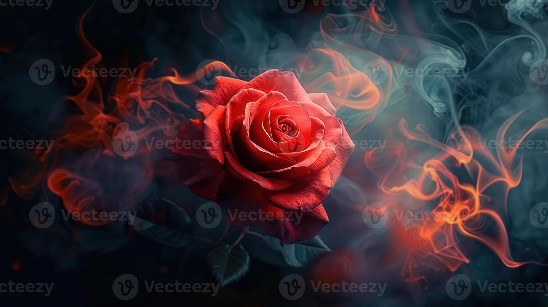 A stunning close-up of a vibrant red rose enveloped in swirling smoke and a dark backdrop. photo