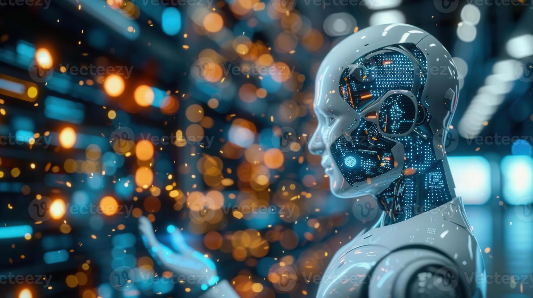 An advanced robot interacts with an energetic display of digital information and technology. photo