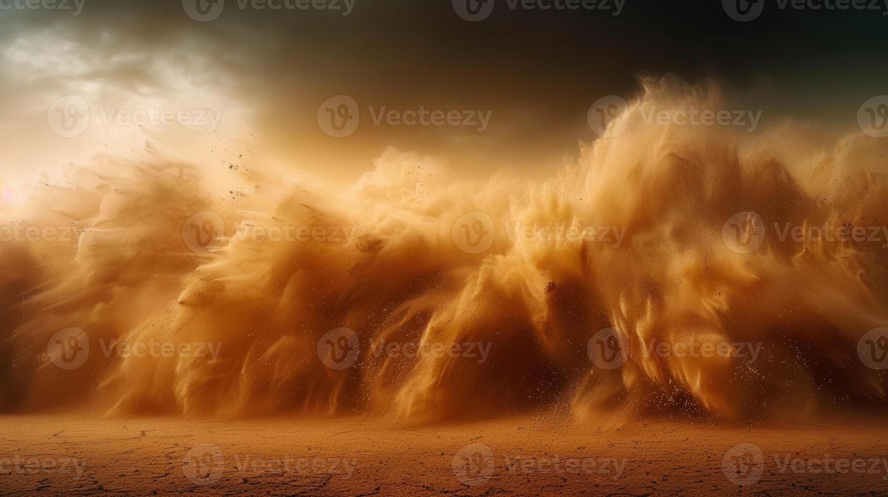 A dramatic sandstorm billows across a vast desert landscape, creating a breathtaking scene. photo