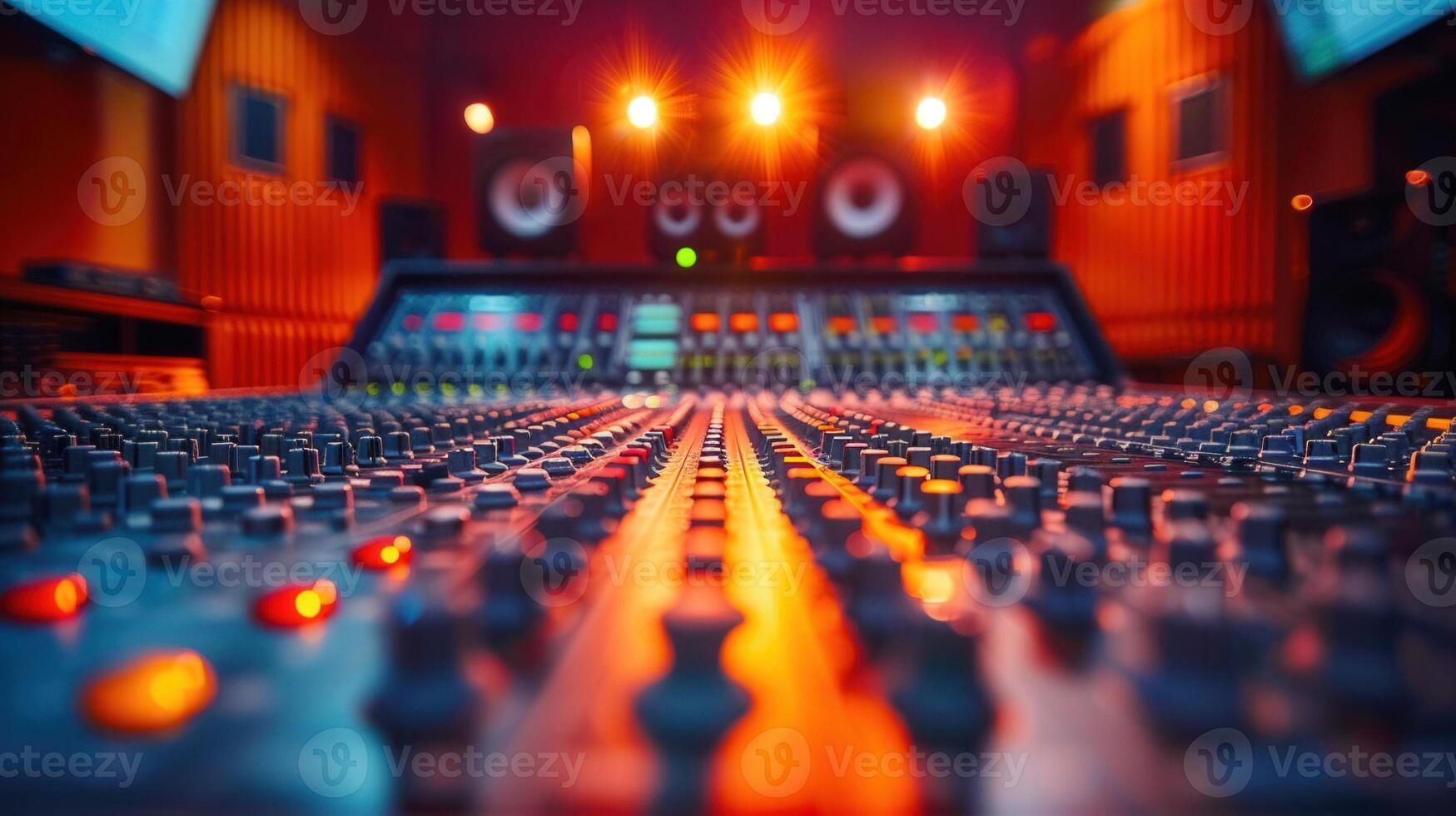 Detailed view of a mixing console in a professional recording studio with warm lighting. photo