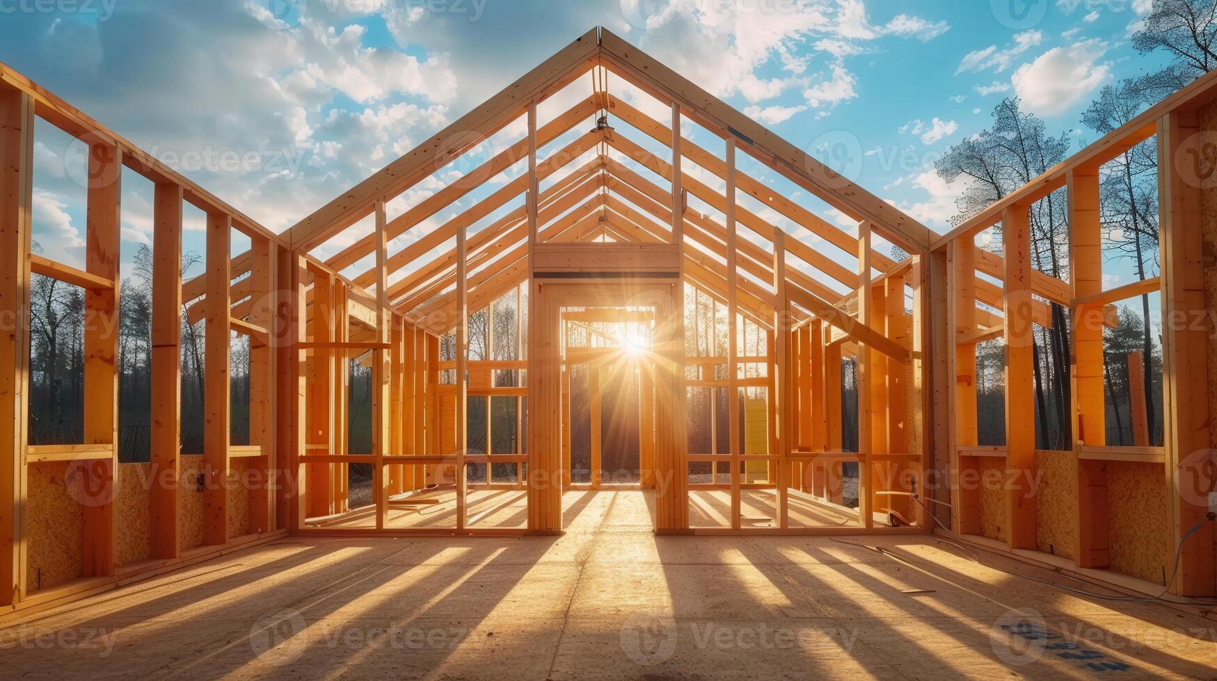 A house under construction, showing the wooden frame with sunlight beaming through. photo