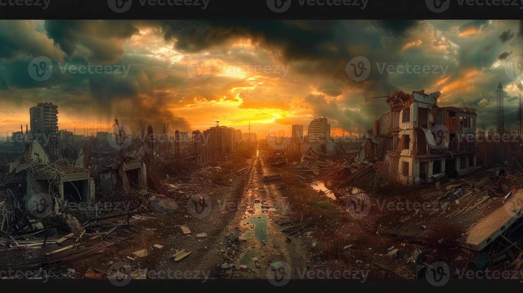 Panoramic view of a ruined city after a devastating event under a dramatic, fiery sunset. photo