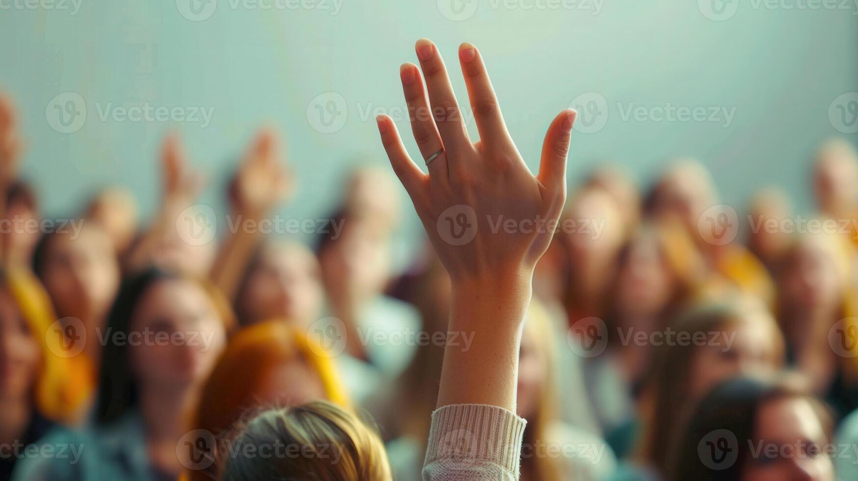 A hand raised high above a blurred audience, showing engagement in a learning environment. photo