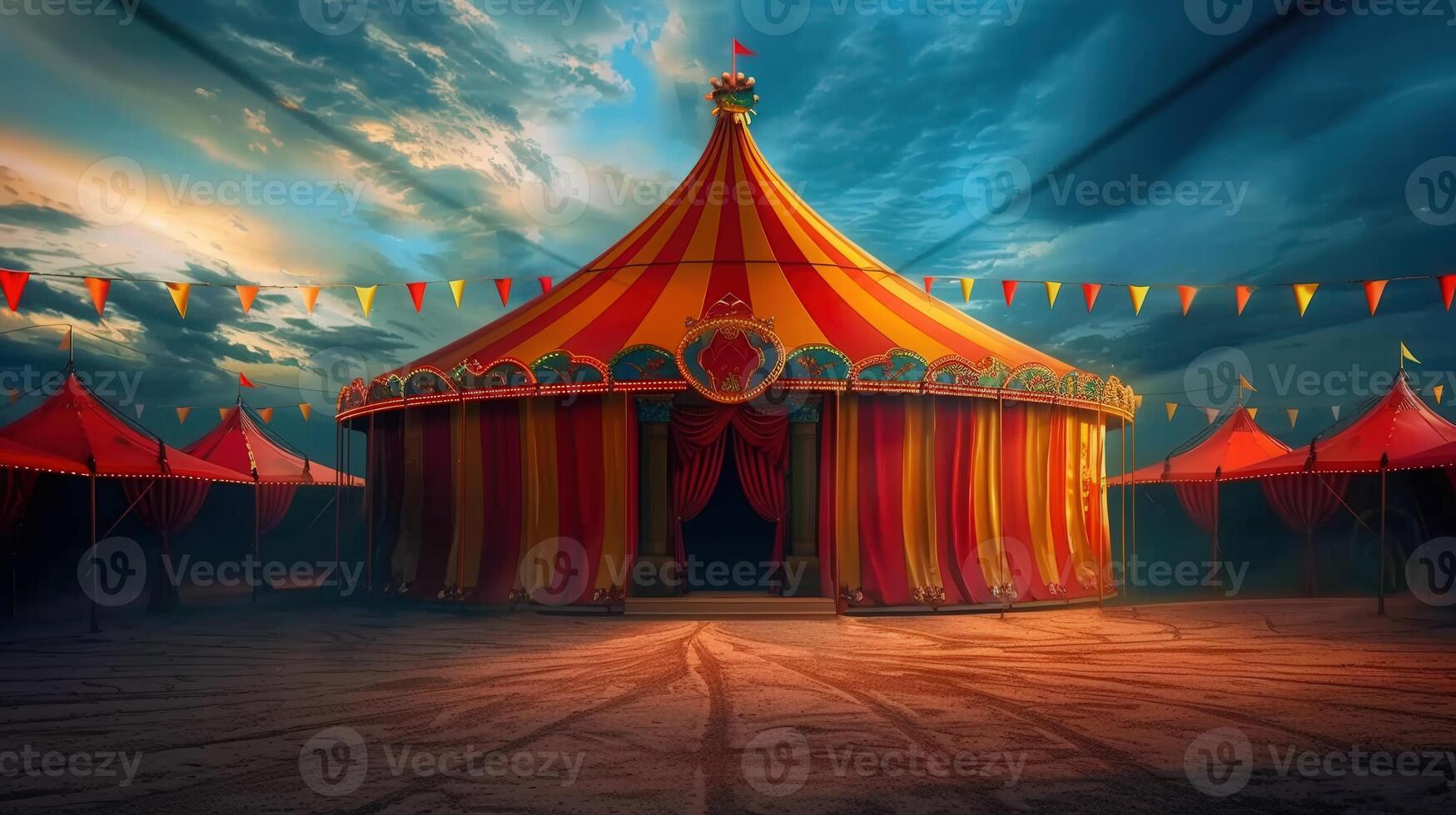A striking view of a colorful circus tent set against a dark, cloudy sky backdrop. photo
