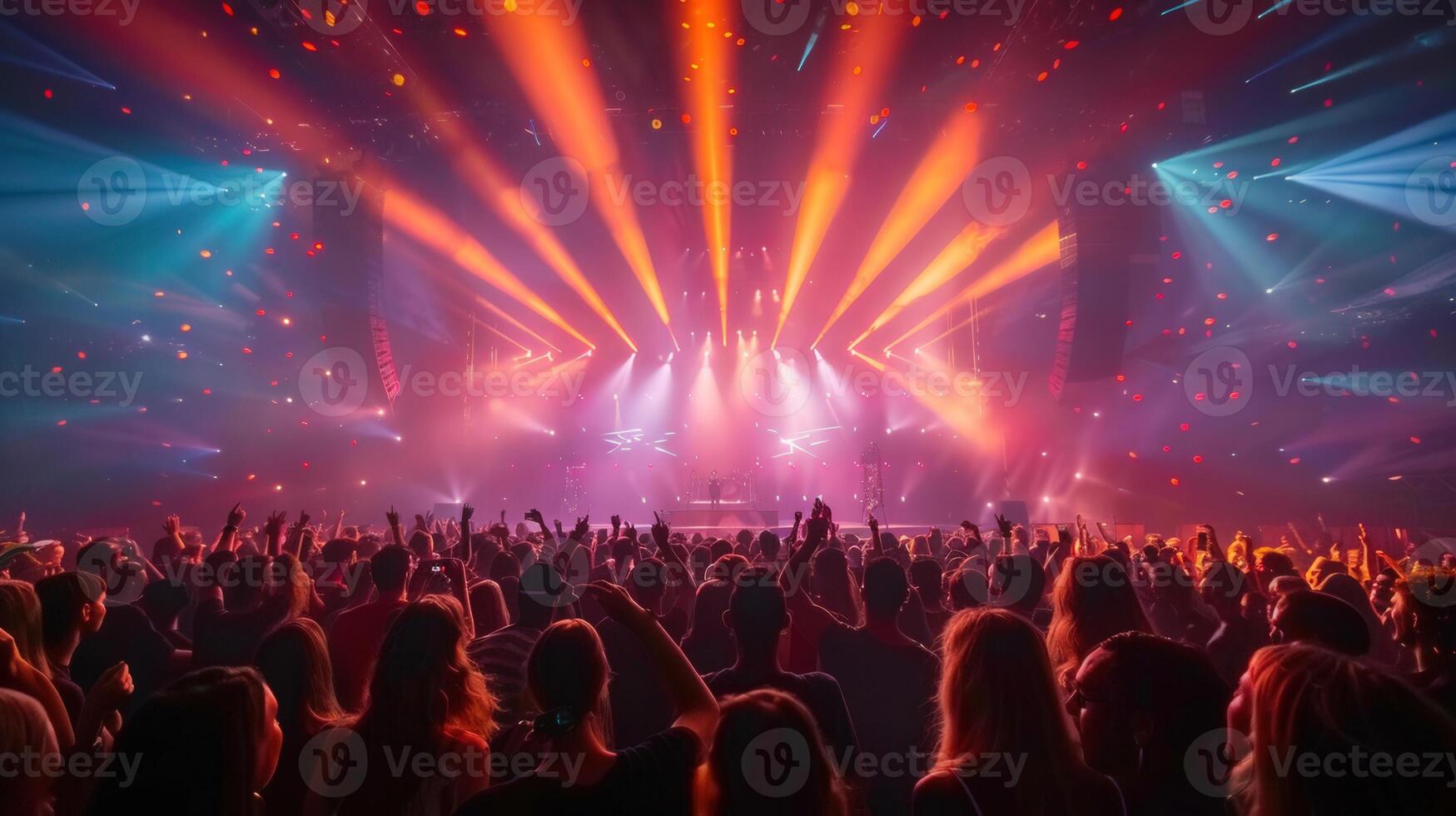 Energetic crowd enjoys a concert with vibrant lights illuminating the stage and surroundings. photo