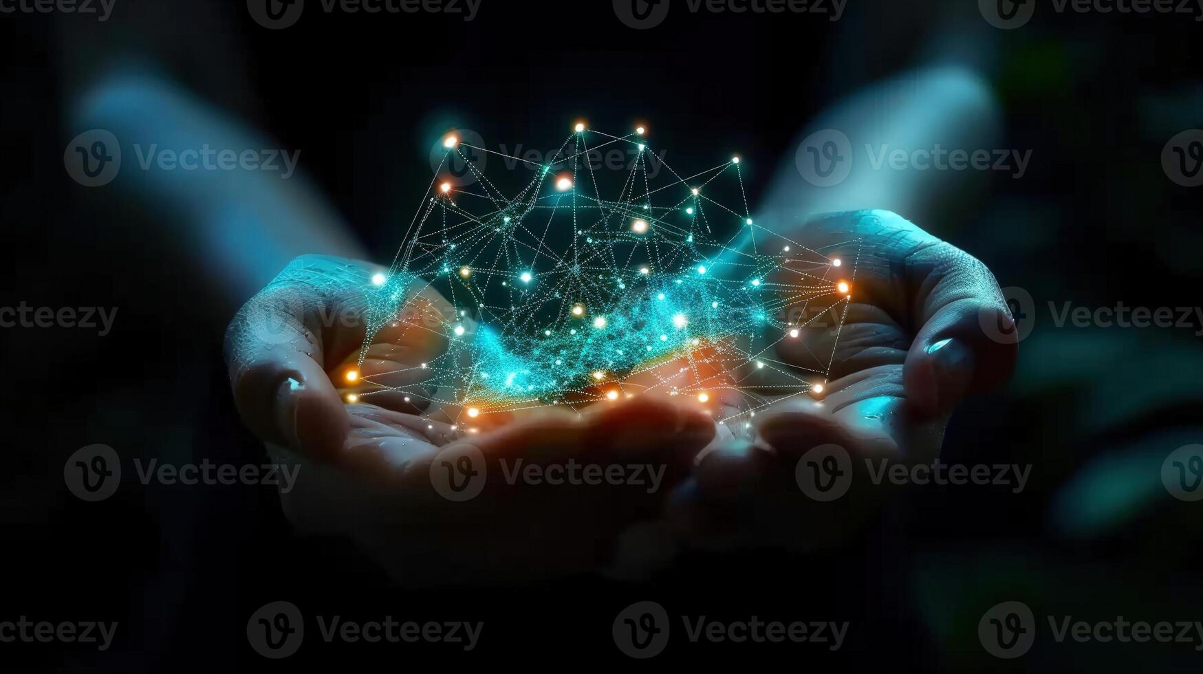 A pair of hands cupping a glowing network of digital connections in a dark setting. photo