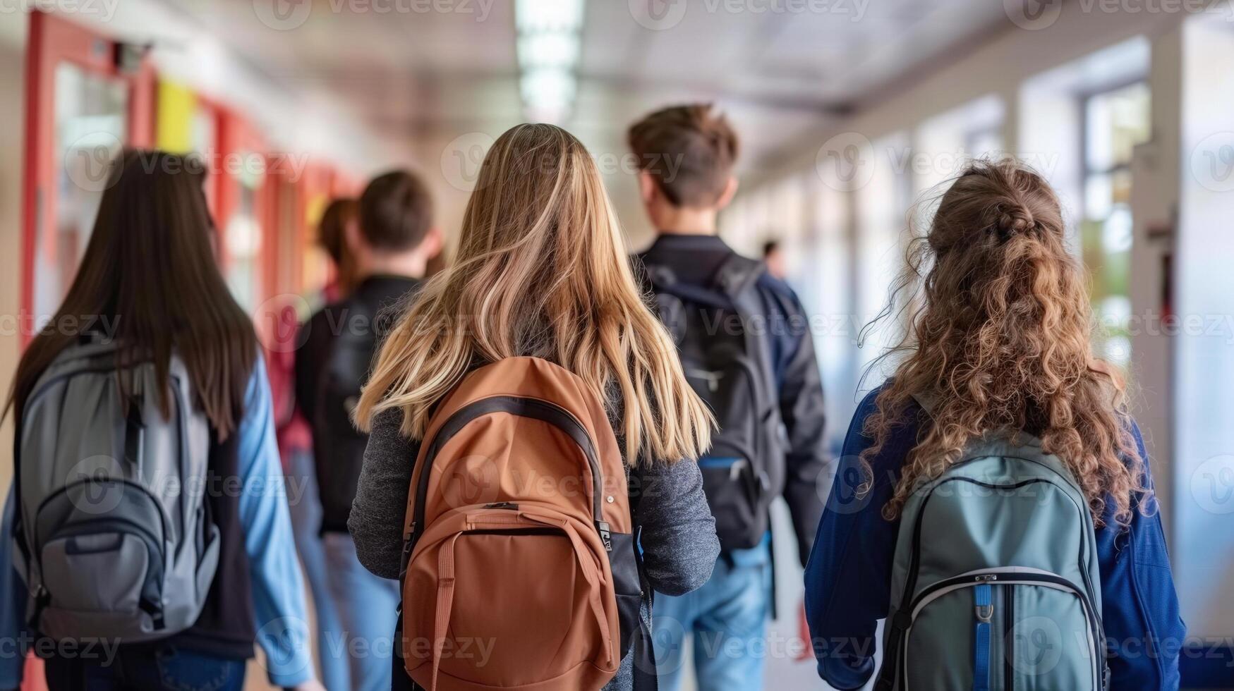 Group of students walking down a school hallway carrying backpacks, going to class. photo