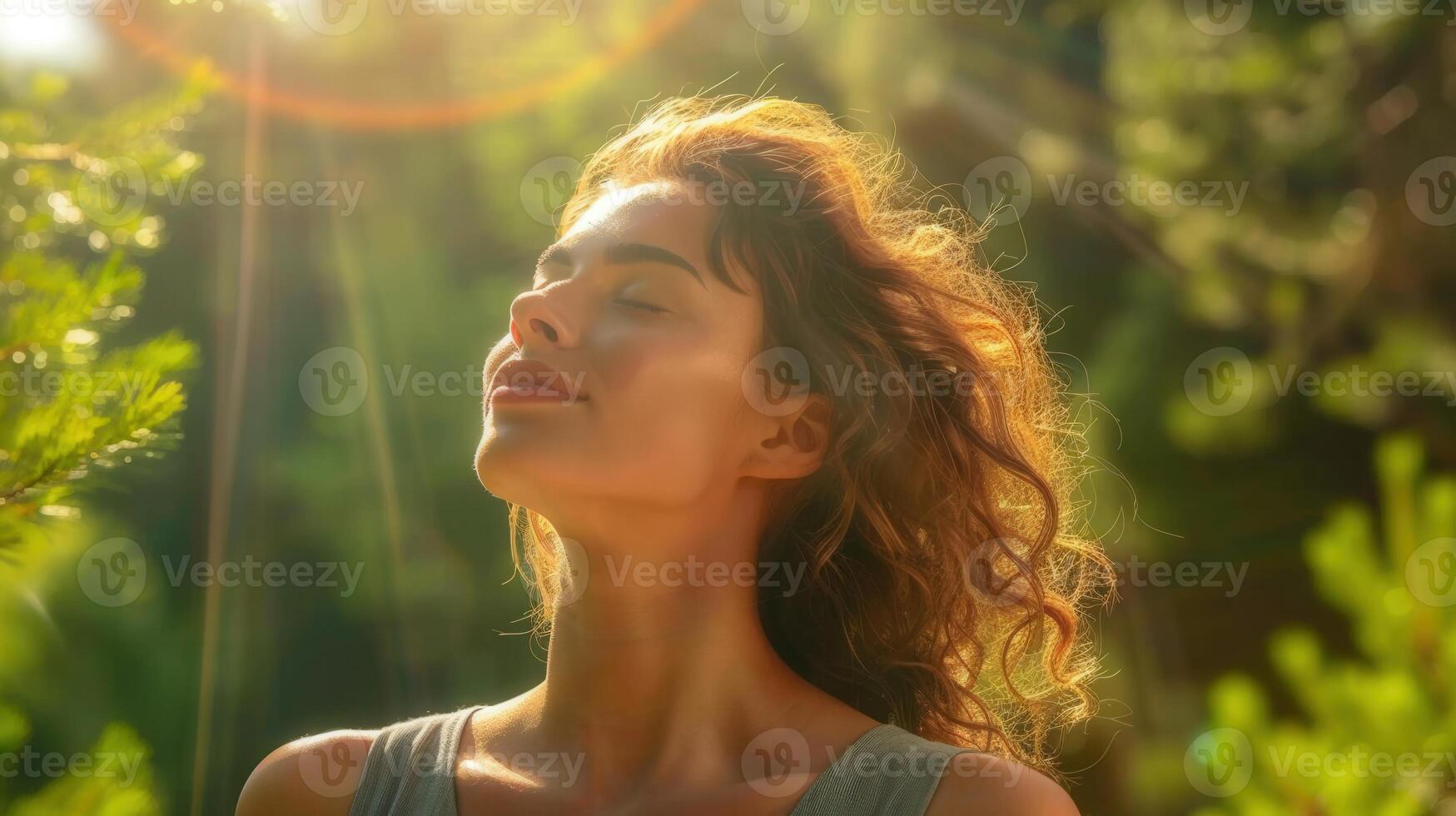A serene woman enjoys the sun's warmth, breathing in the fresh air amidst a green forest. photo