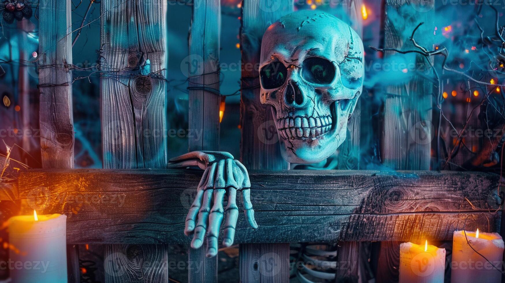 A chilling halloween scene features a skeletal figure behind a wooden fence with lit candles. photo