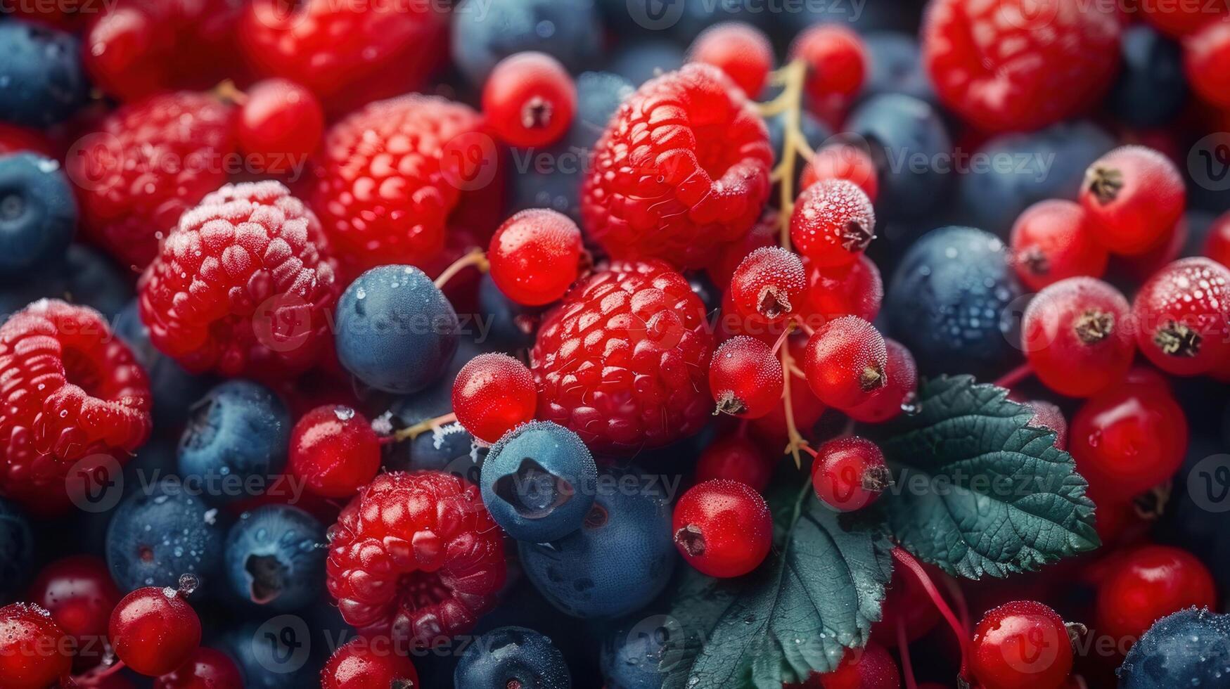 A beautiful composition of juicy, fresh, and ripe raspberries, red currants, and blueberries. photo