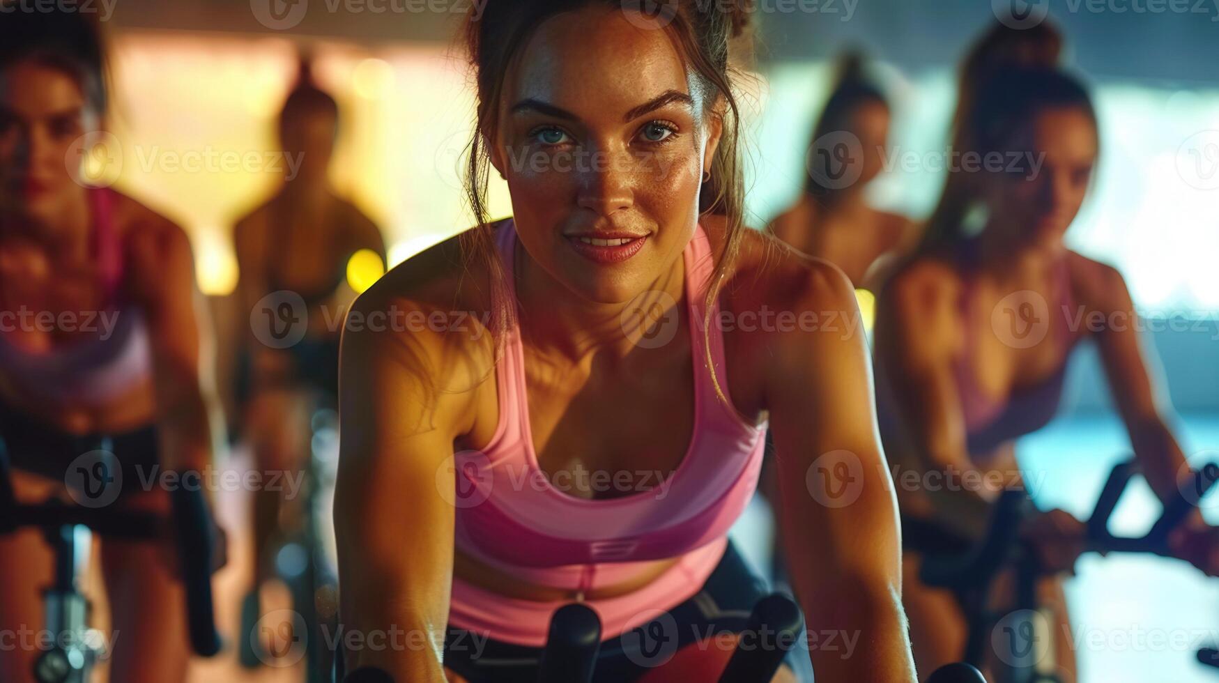 Woman in a pink sports bra focused and smiling while working out at a spinning class. photo