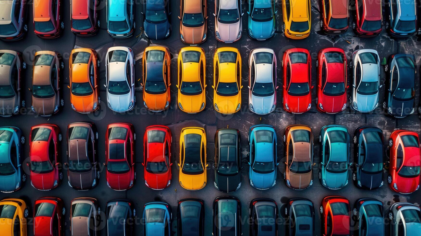A high-angle view captures a meticulously organized array of colorful cars in a parking lot. photo