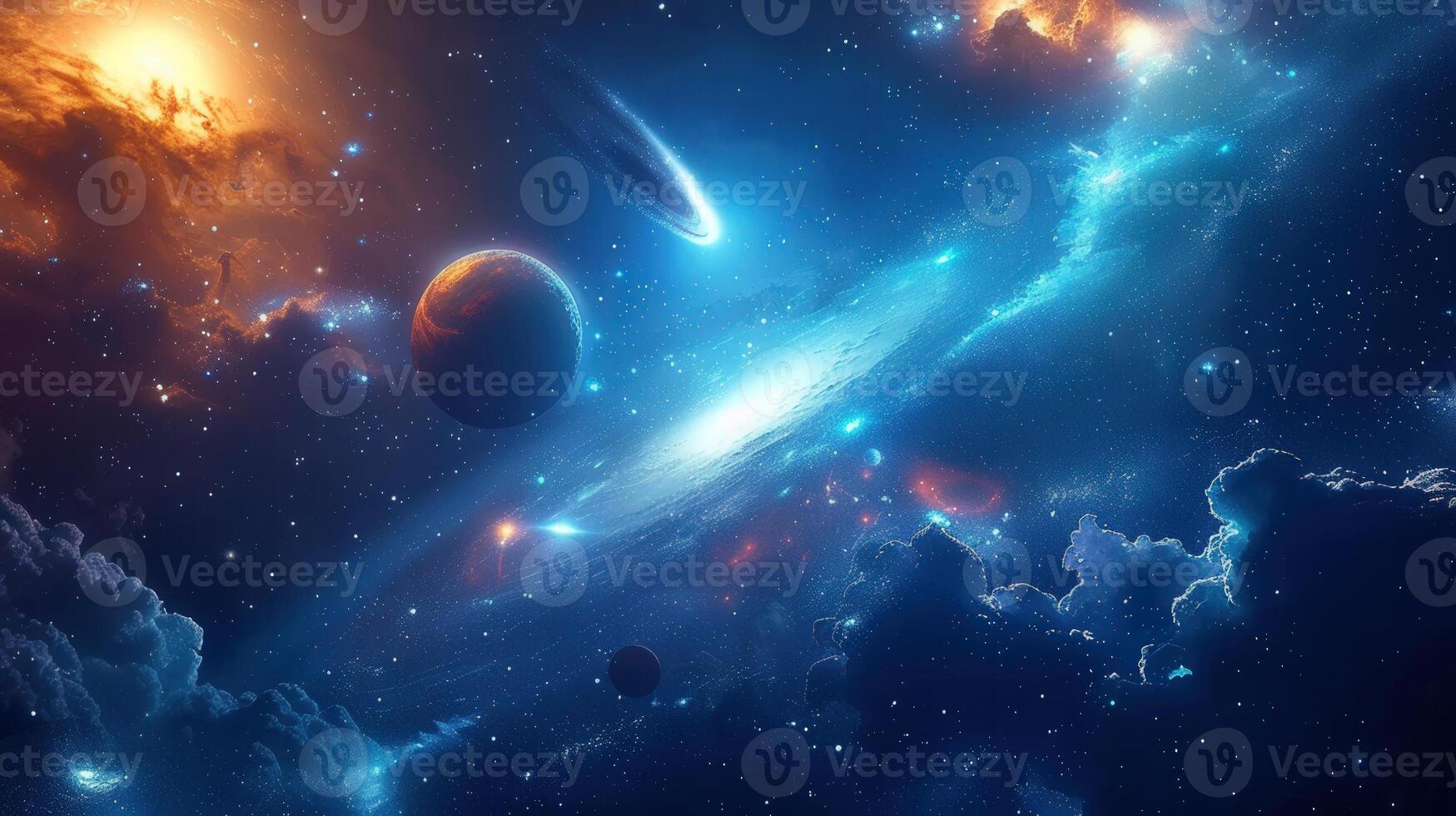 Spectacular space art featuring planets, nebulas, and a comet, in a beautiful cosmos scene. photo