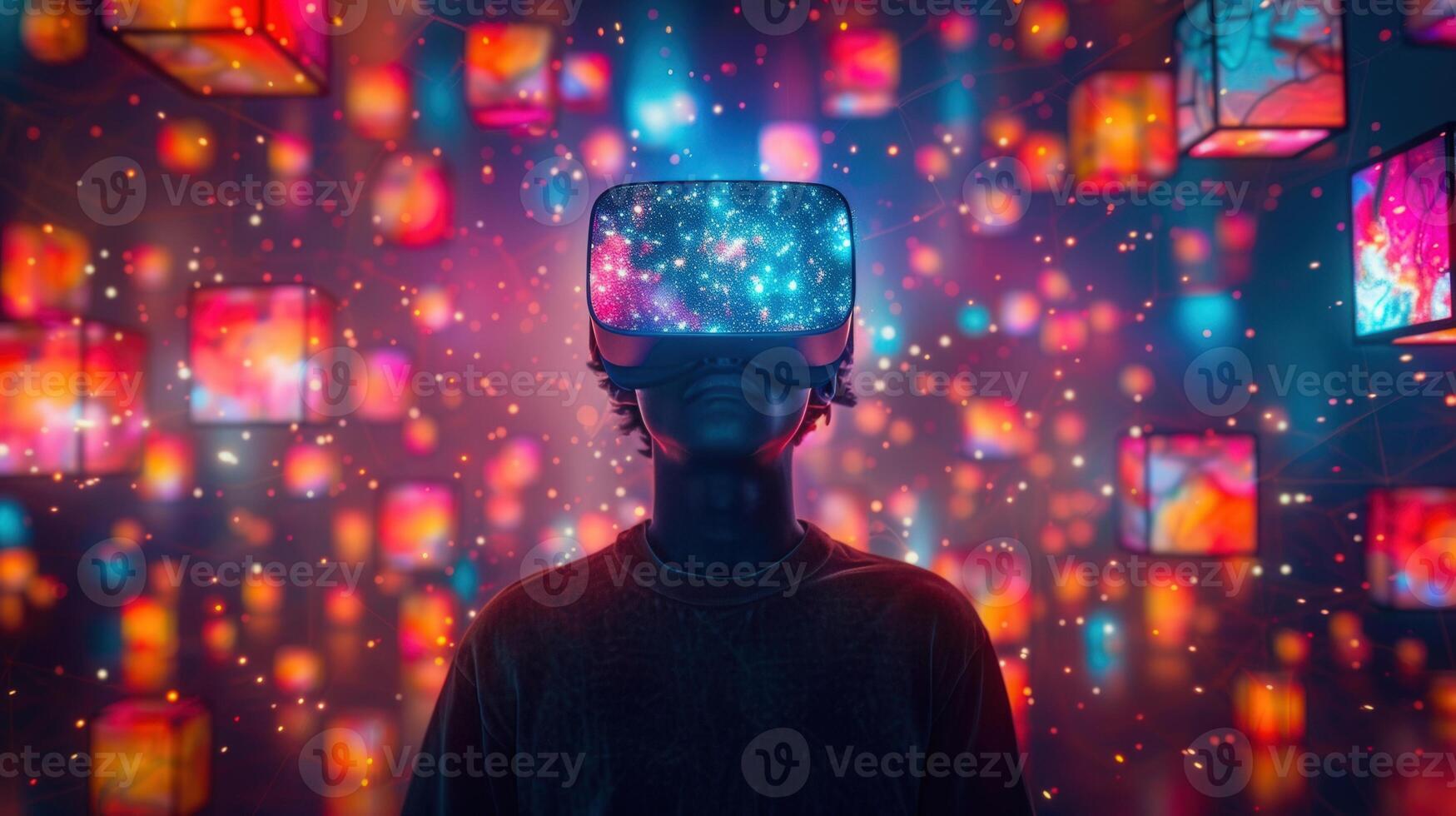 An individual experiencing virtual reality with a VR headset in a mesmerizing, colorful environment. photo