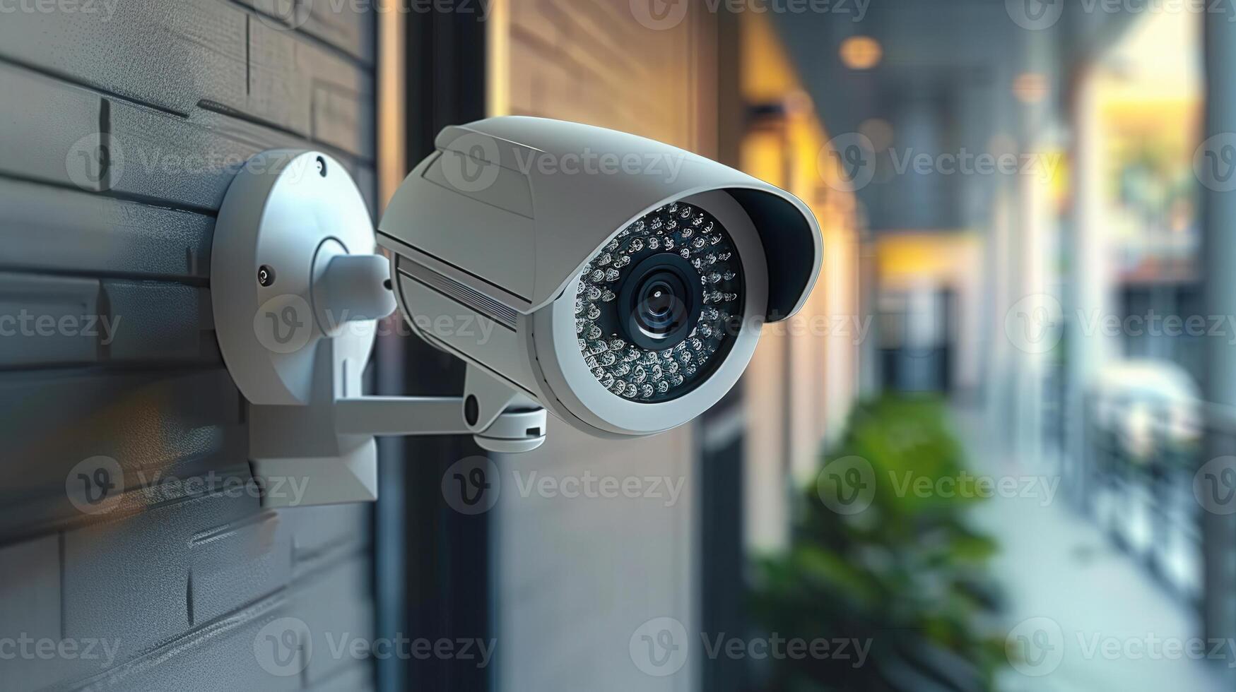 A security camera mounted on a brick wall, providing surveillance and protection outdoors. photo